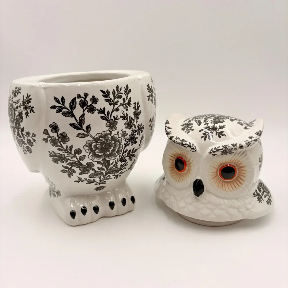 Spooky Street Owl Cookie Jar White Black Floral Toile Ceramic 78oz Halloween New